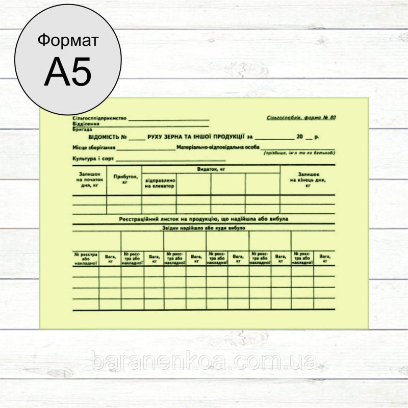 Відомість руху зерна та іншої продукції  (Форма №80)(Газ. А5 1+1 100шт)