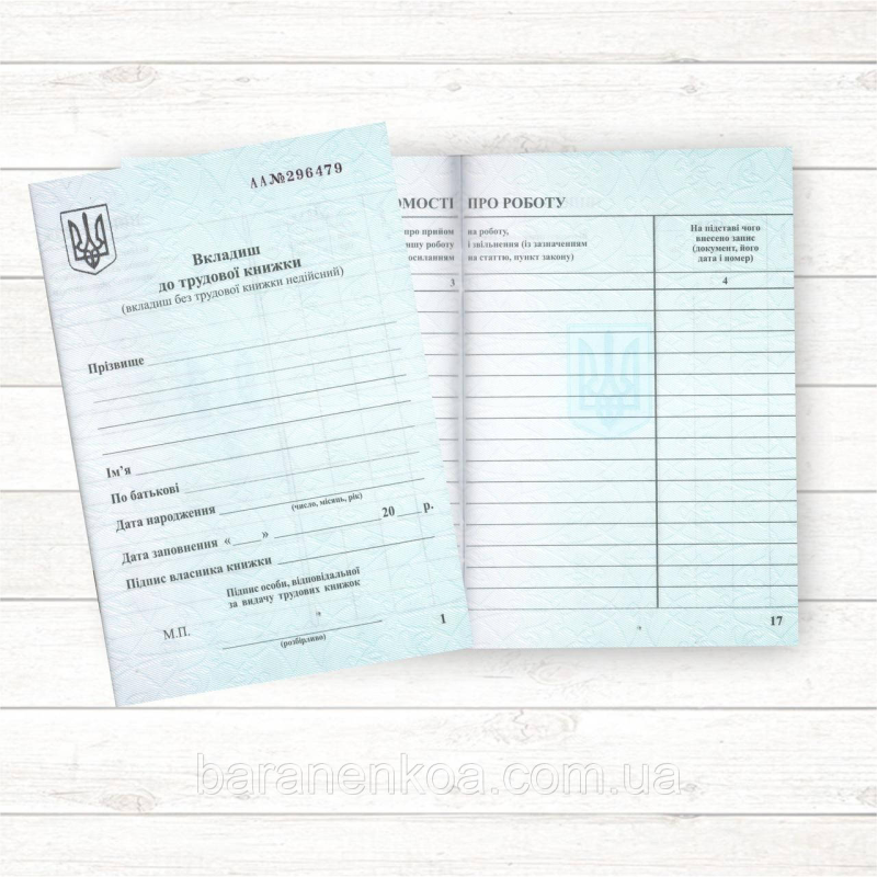 Вкладиш до трудової книжки (ПК Зоря, ориг.)